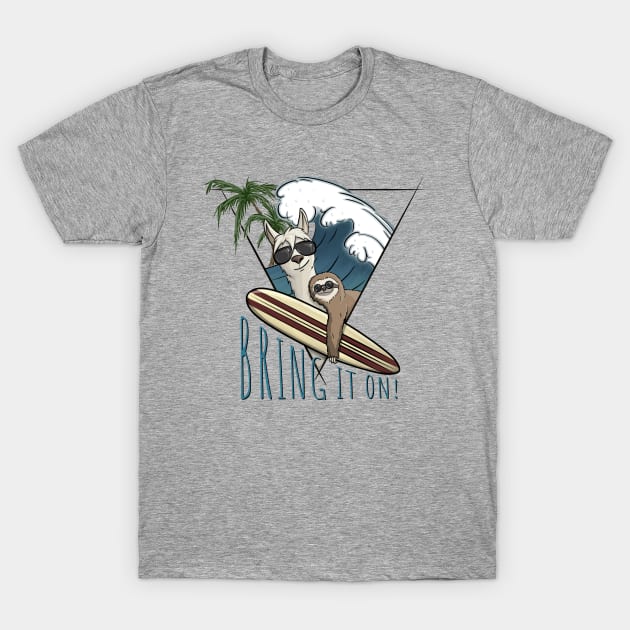 Bring It On! Llama & Sloth Surf Art T-Shirt by SkizzenMonster